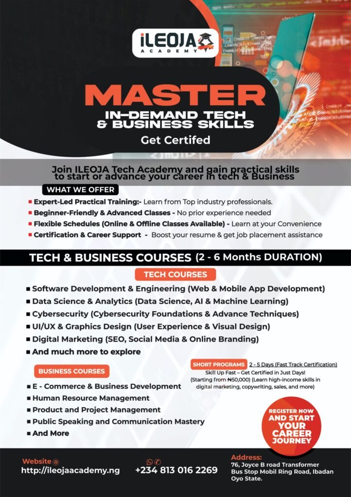 ILEOJA Academy flyer showcasing tech and business courses, expert-led training, flexible schedules, and career support.